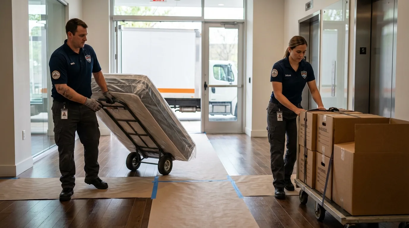 Professional apartment movers loading elevator in Orange City, FL