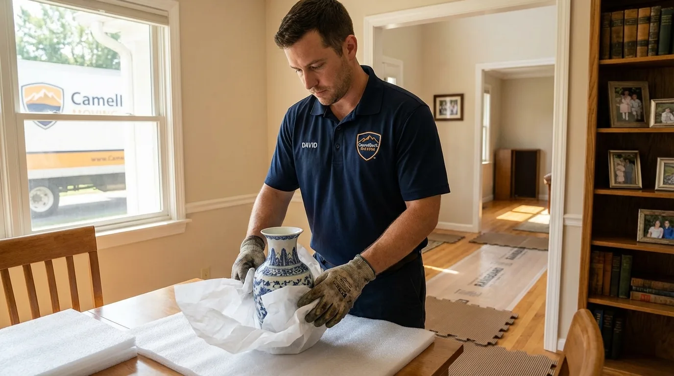 Professional crew carefully wrapping antique vase for senior downsizing move in Orange City, FL